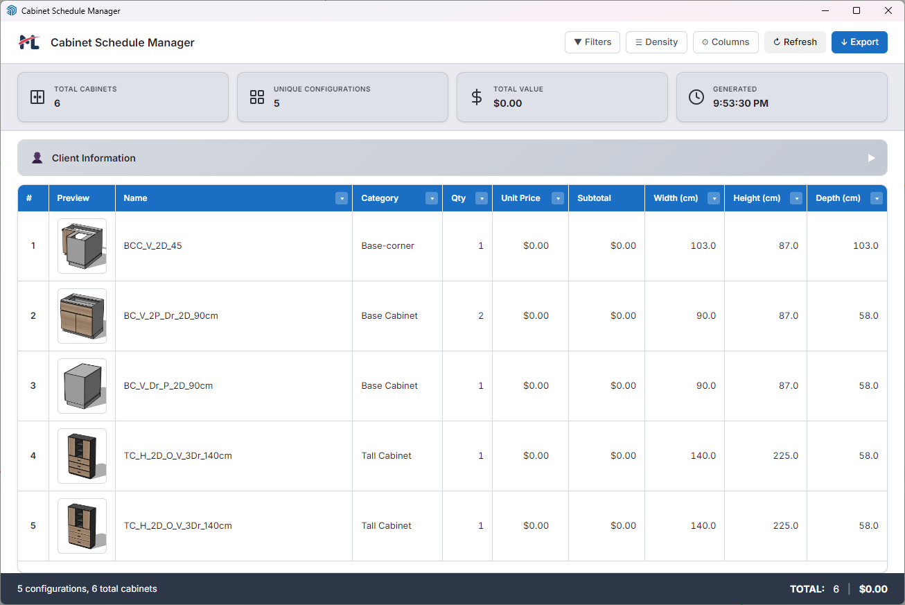 Cabinet Schedule Manager showing sortable table with thumbnails and pricing